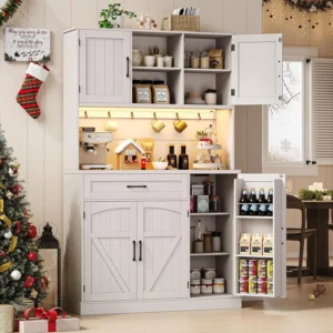 71" Pantry Cabinet, Kitchen Pantry Storage Cabinet with LED Light & Outlet, Kitchen Hutch with Microwave Shelf & 6, Custom
