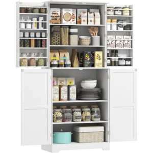 Freestanding Tall Kitchen Pantry Cabinet with 4 Barn Doors, 4 Adjustable Shelves, 8 Door Shelves, White Wood Grain Finish