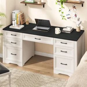 Farmhouse Executive Desk, Wood Home Office Desk with 2 Large File Drawers and 5 Storage Cabinets, Rustic Writing Desk for Work