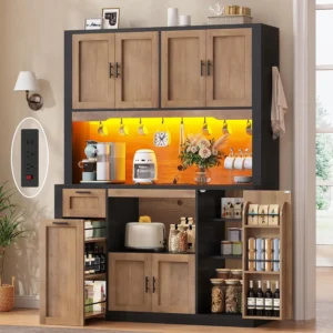 71" Pantry Cabinet with Charging Station and LED Light, Kitchen Pantry Cabinet with Microwave Stand.