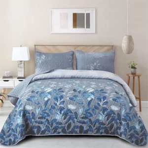3 Piece Blue Quilt Set King Size, Floral Bedspread Coverlet with 2 Pillowcases.