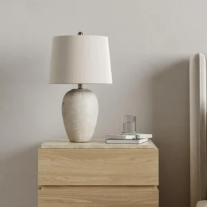 23" Distressed Cream/Beige Rustic Ceramic Jar Table Lamp with Ivory Shade.